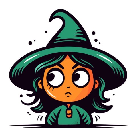 Angry cartoon girl in a witch costume. Vector illustration on wh