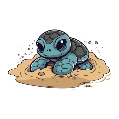 Cute little baby turtle on the sand. Cartoon vector illustration