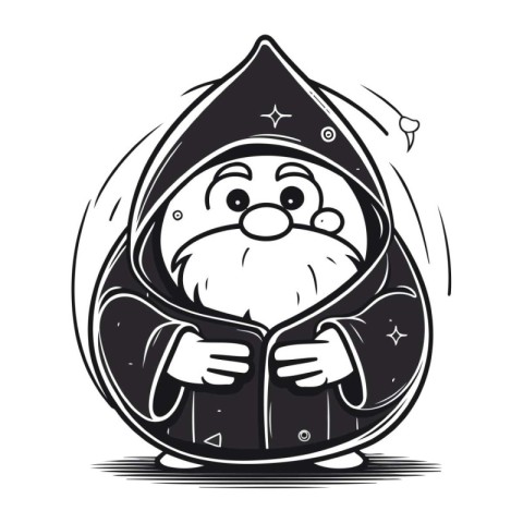 Santa Claus in a winter jacket. Black and white vector illustrat