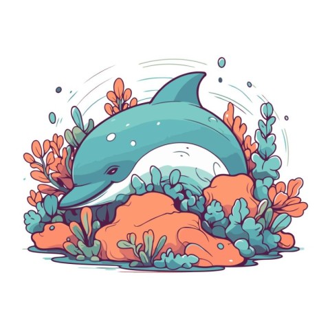 Cartoon dolphin in the sea. Vector illustration isolated on whit