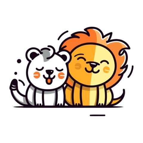 Cute cartoon lion and tiger. Vector illustration isolated on whi