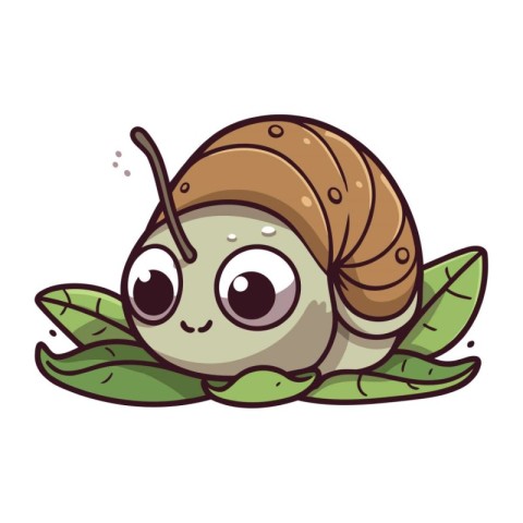 Cute cartoon snail with green leaves on white background. Vector