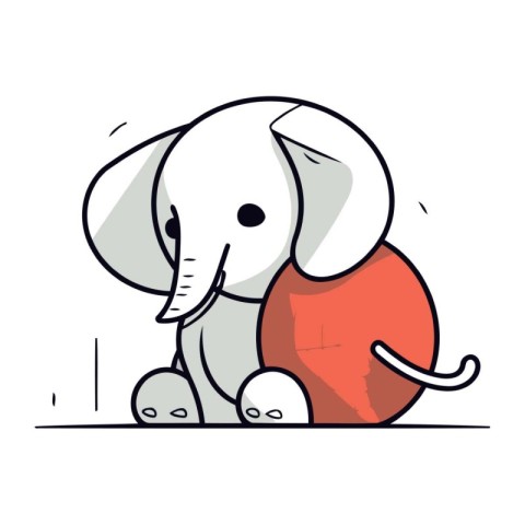 Cute little elephant with ball. Vector illustration in line art