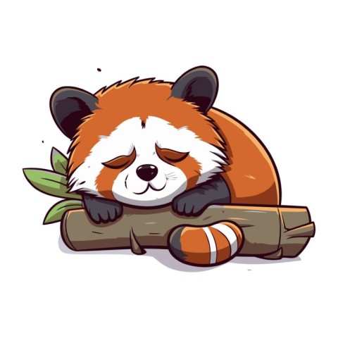 Cute red panda sleeping on a log. Vector illustration.