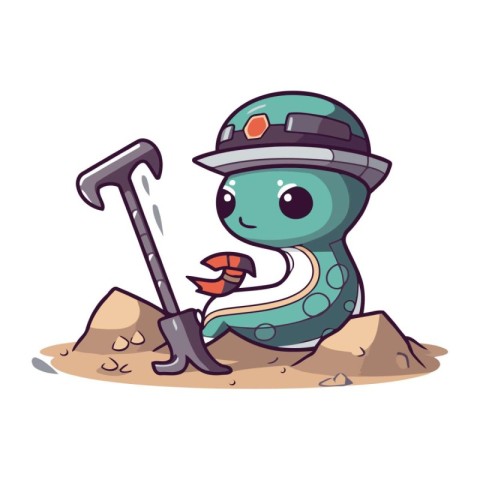 Cute cartoon caterpillar with a shovel in the sand. Vector illus