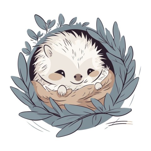 cute little hedgehog in nest with leafs vector illustration desi