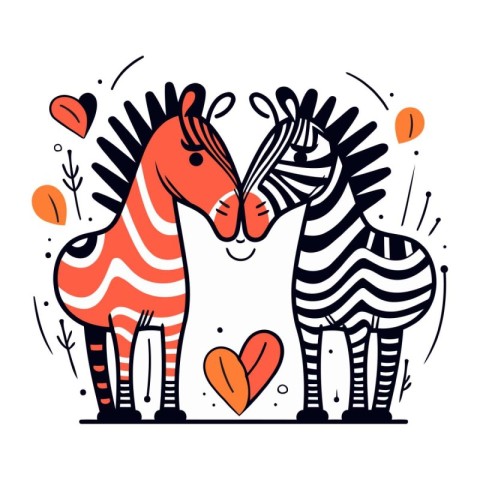 Zebra couple in love. Hand drawn vector illustration in doodle s