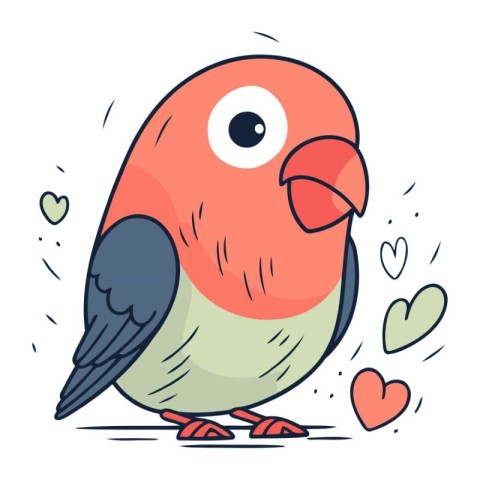 Vector illustration of a cute little bird with hearts. Flat styl