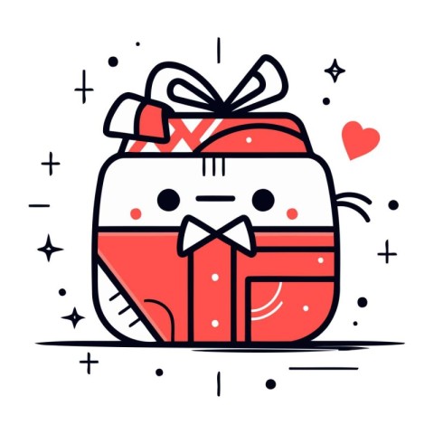 Cute gift box with bow. Vector illustration in flat line style.