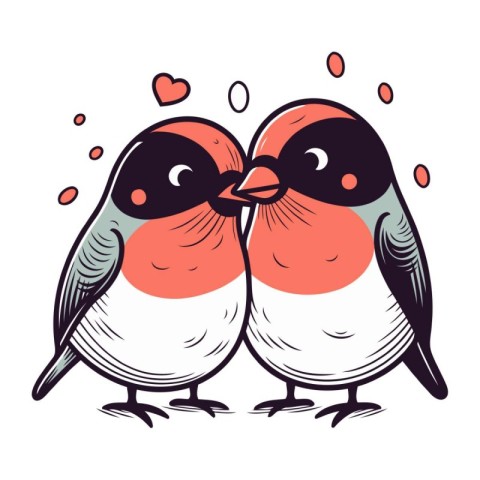 Two cute bullfinches in love on white background. Vector illustr