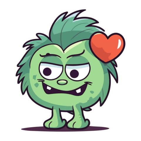 Cute green monster with heart isolated on white background. Vect