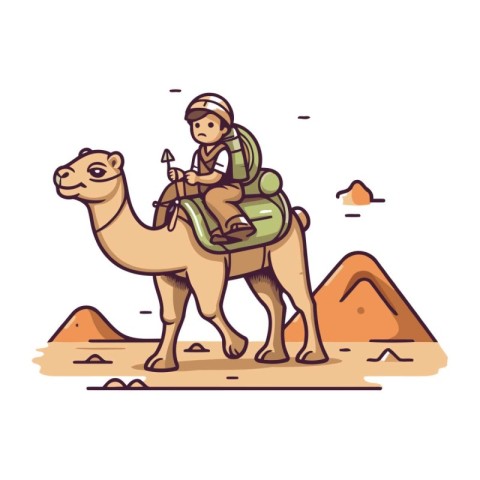 Camel tourist with backpack riding on camels in desert. Vector i