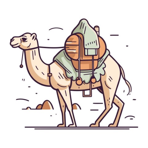 Camel with a backpack. Vector illustration in line art style.