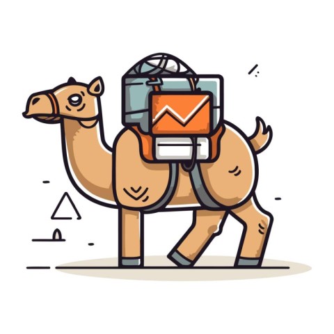 Camel with a backpack. Vector illustration of a camel in a flat