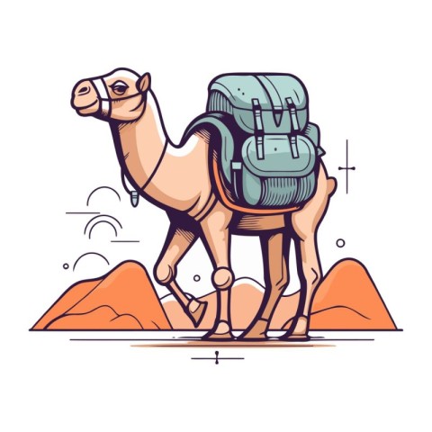 Camel in the desert. Vector illustration of a camel with a backp