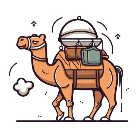 Camel with suitcase. Vector illustration in doodle style.