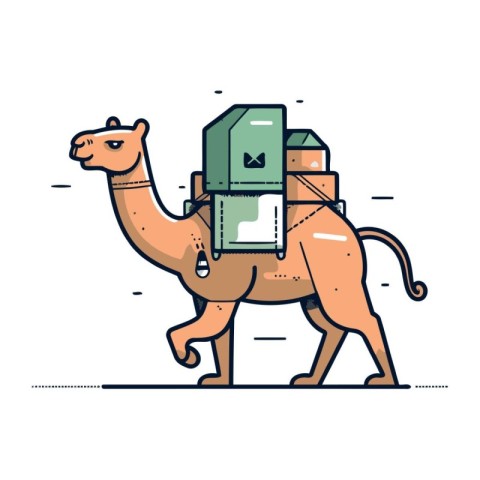 Camel with a suitcase. Vector illustration in flat linear style.