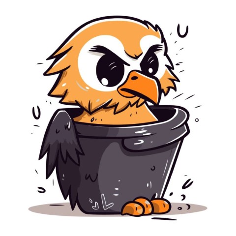 Vector illustration of an angry bird in a pot. Cartoon style.