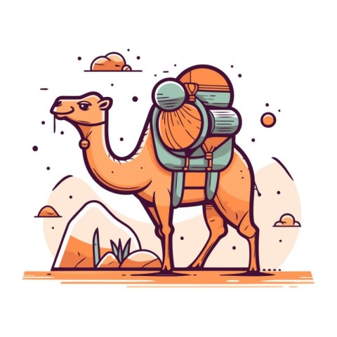 Camel in desert. Vector illustration in doodle style.