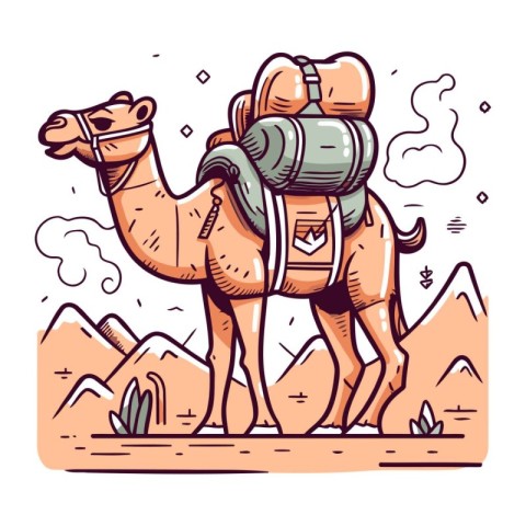 Camel with a backpack in the desert. Vector illustration in cart