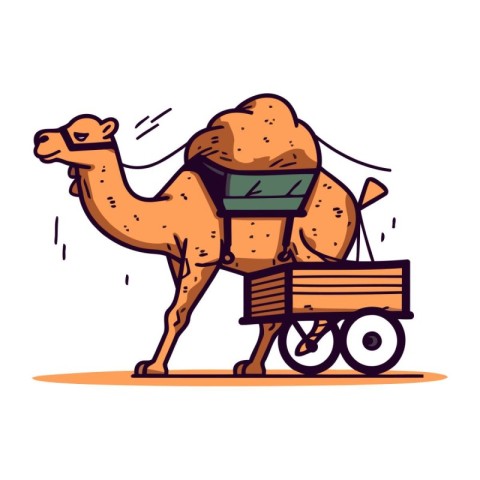 Camel with a cart on wheels. Vector illustration in cartoon styl