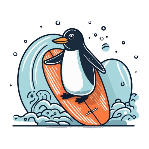 Cute penguin with surfboard. Vector illustration in cartoon styl