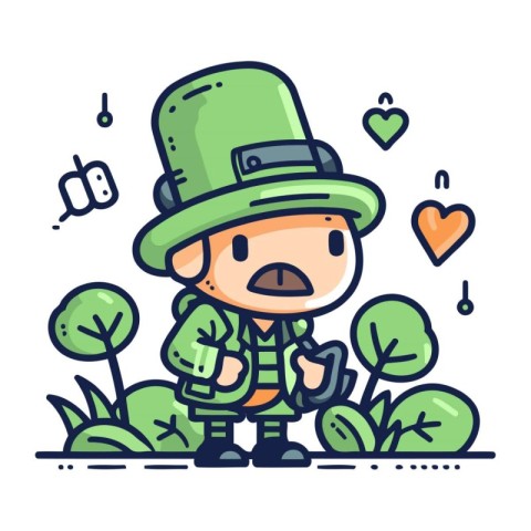 St. Patricks Day. Cute leprechaun in the forest. Vector illustra