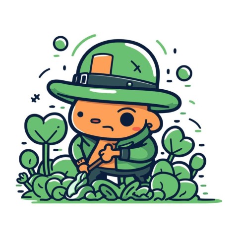 Cute cartoon leprechaun in the forest. Vector illustration.