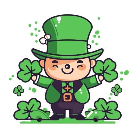 Cute leprechaun with clover. St. Patricks Day vector illustratio