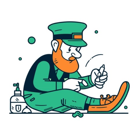 Leprechaun with beard sitting on the floor and smoking