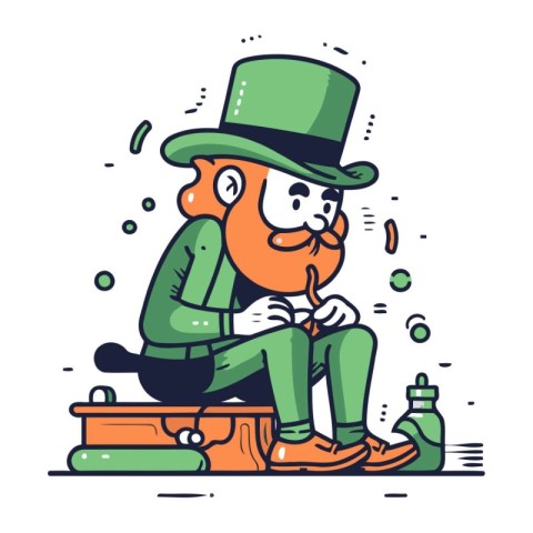 Funny cartoon leprechaun sitting on the bench. Vector illustrati