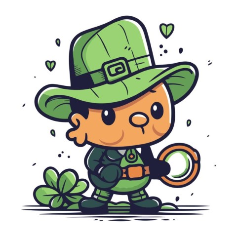 Cute Leprechaun with a magnifying glass. Vector illustration.