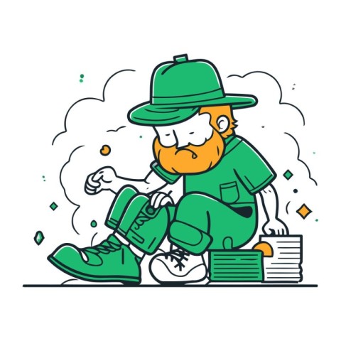 Leprechaun with a beard sitting on a pile of money. Vector illus