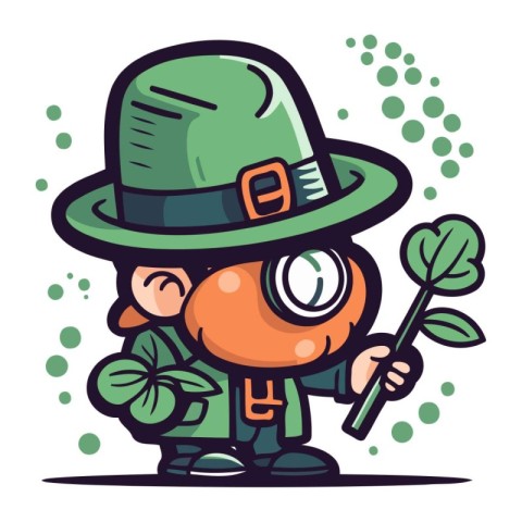 Cartoon Leprechaun with shamrock and magnifying glass