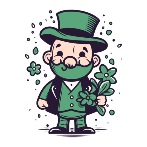 Leprechaun with flowers. St. Patricks Day vector illustration.