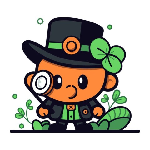 Cute leprechaun with a magnifying glass. Vector illustration.