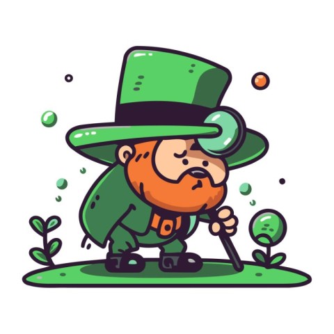 Cartoon leprechaun with a cane. Vector illustration.