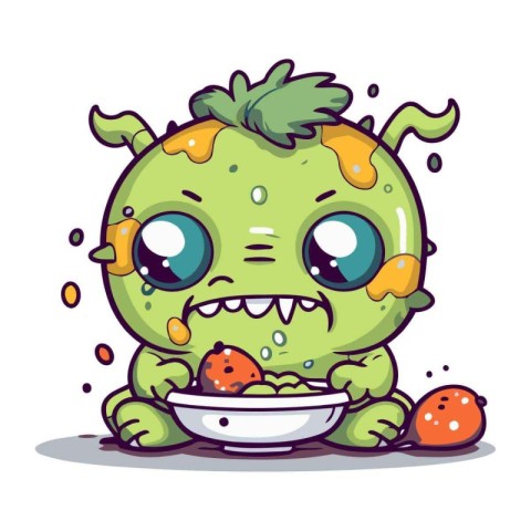 Cute cartoon zombie with a bowl of food. Vector illustration.