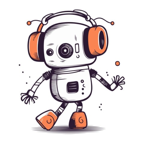 Hand drawn vector illustration of a cute robot with headphones.