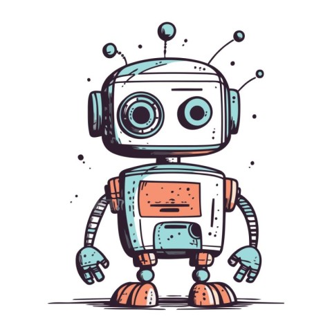 Cute robot cartoon vector illustration. Hand drawn cute robot ve