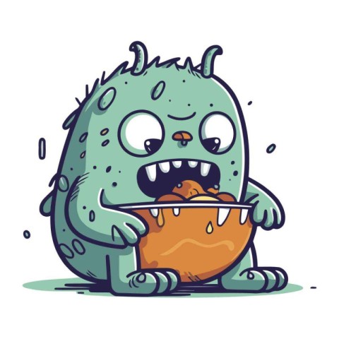 Cute cartoon monster with a bowl of food. Vector illustration.