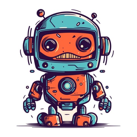 Cute cartoon robot. Hand drawn vector illustration. Doodle style