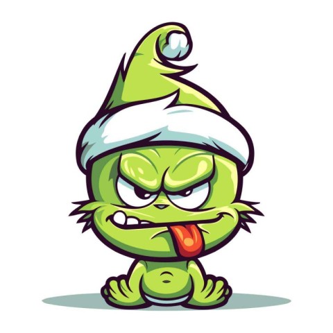 Funny cartoon monster in green christmas hat. Vector illustratio