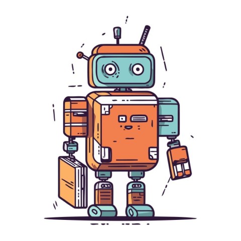 Funny robot with suitcase. Vector illustration in doodle style.