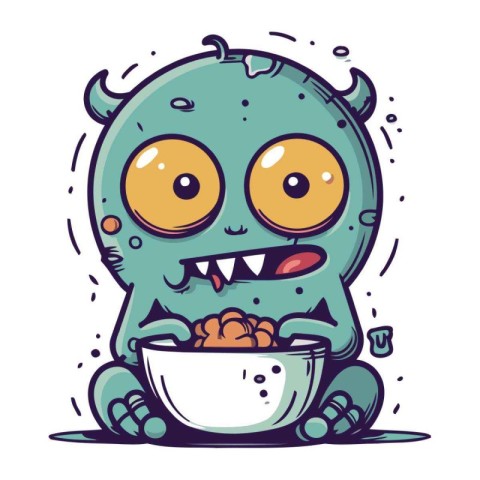 Cute cartoon monster with a bowl of food. Vector illustration.