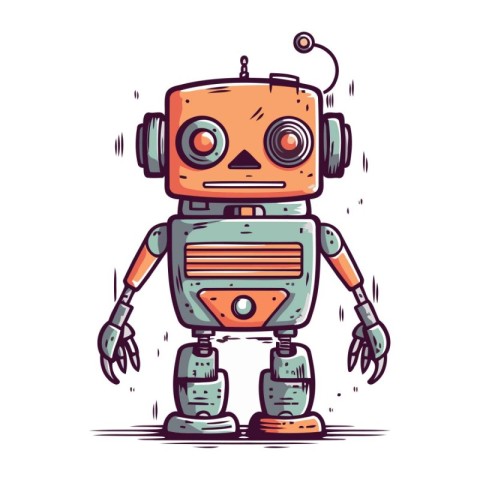 Cute cartoon robot with headphones. Vector illustration in doodl