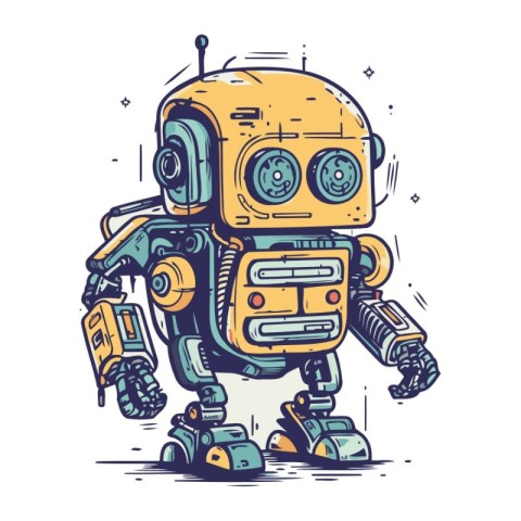 Retro robot. Hand drawn vector illustration. Isolated on white b