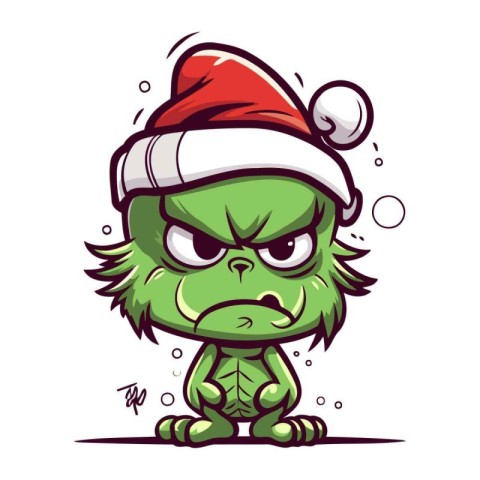 Angry cartoon monster in Santa Claus hat. Vector illustration on