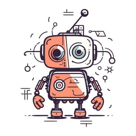 Vector illustration of cute robot on white background. Line art