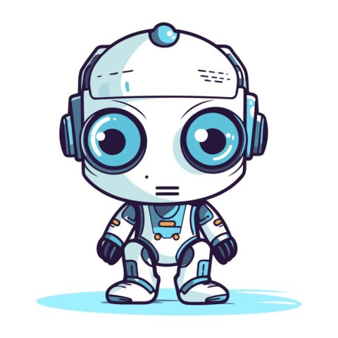 Cute cartoon robot with big eyes and headphones. Vector illustra